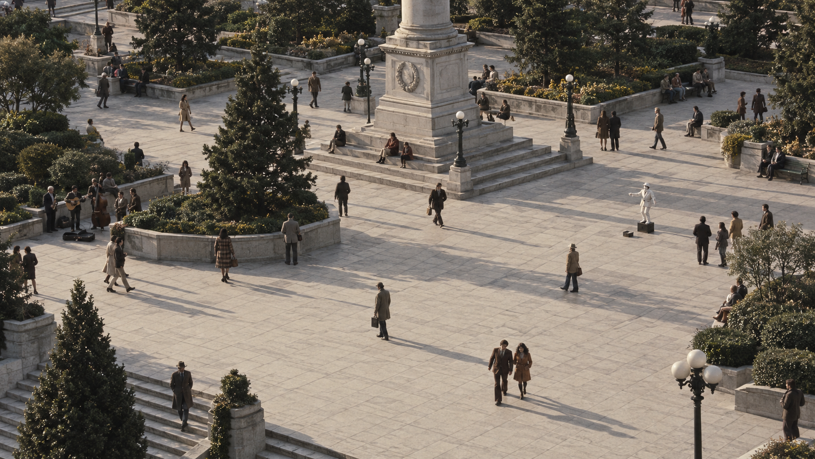 An overhead view of a sunlit Union Square in 1974, with people crossing the plaza.